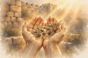 Open hands offering an olive branch — ahava, love as action