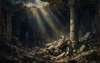 A fallen broken idol in a ruined temple — paganism exposed