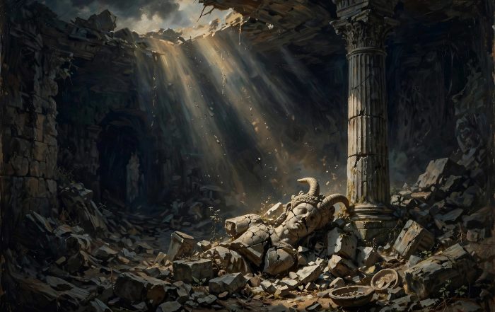 A fallen broken idol in a ruined temple — paganism exposed
