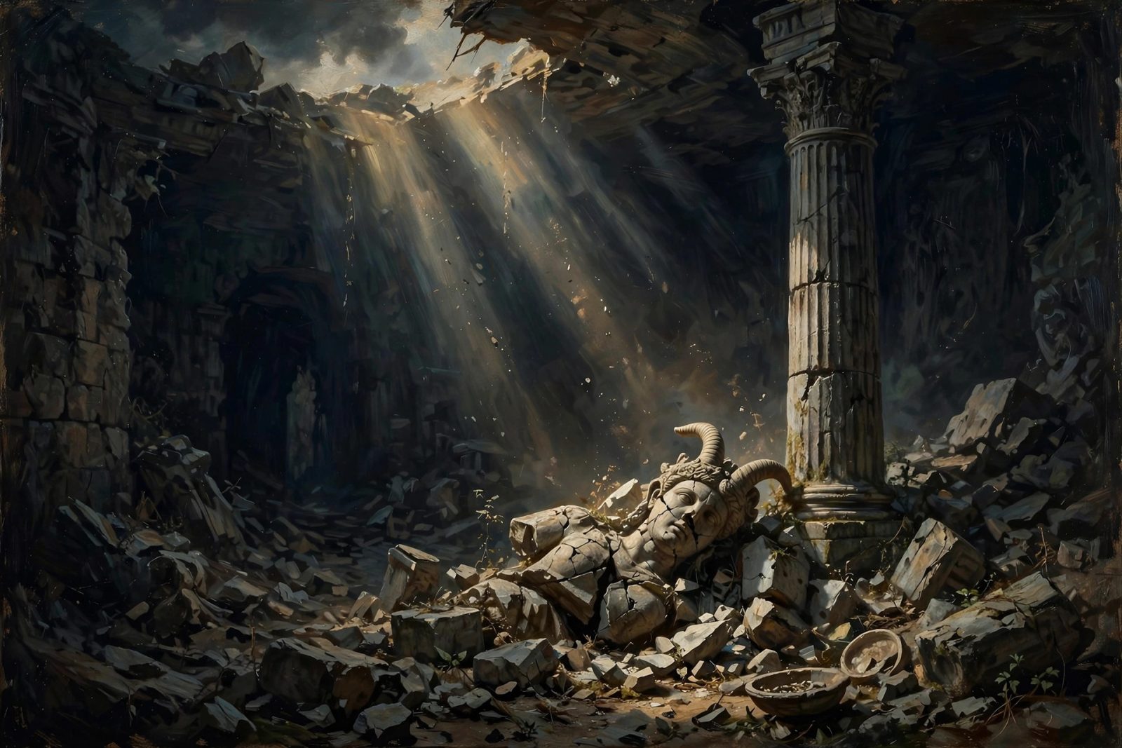 A fallen broken idol in a ruined temple — paganism exposed