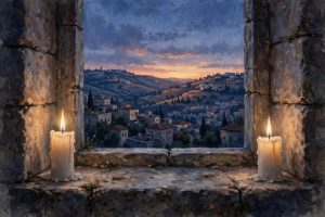 Sabbath candles glowing on a stone windowsill overlooking Jerusalem at sunset