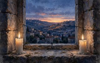 Sabbath candles glowing on a stone windowsill overlooking Jerusalem at sunset
