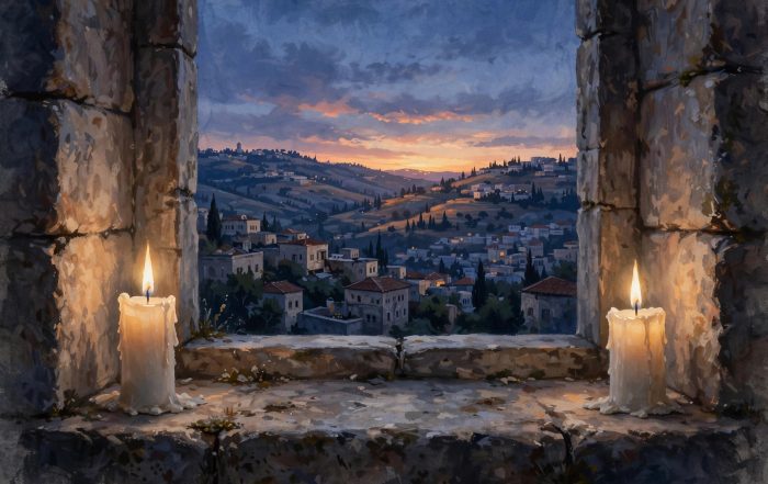 Sabbath candles glowing on a stone windowsill overlooking Jerusalem at sunset