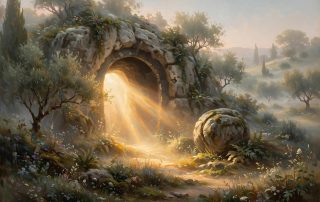 The empty tomb at dawn, the stone rolled away