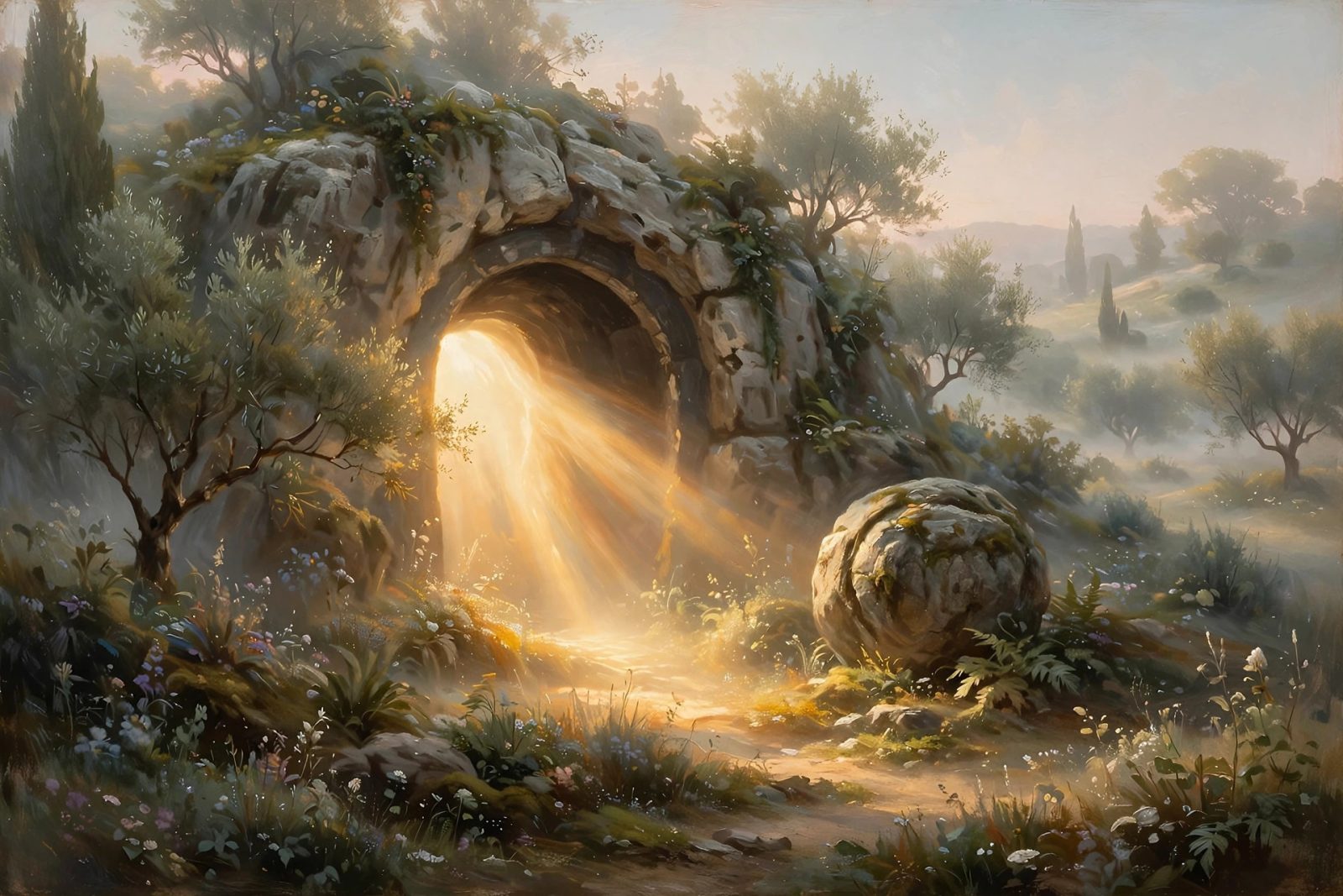The empty tomb at dawn, the stone rolled away