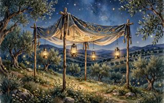 A wedding chuppah under a starry night sky