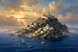 The island of Patmos rising from the Aegean Sea at dawn