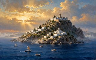 The island of Patmos rising from the Aegean Sea at dawn