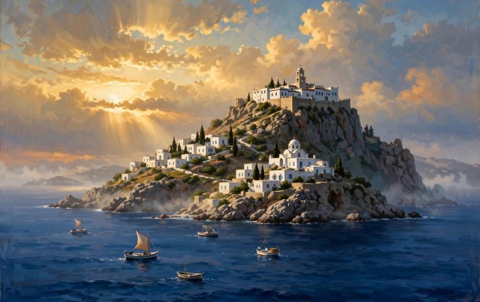 The island of Patmos rising from the Aegean Sea at dawn